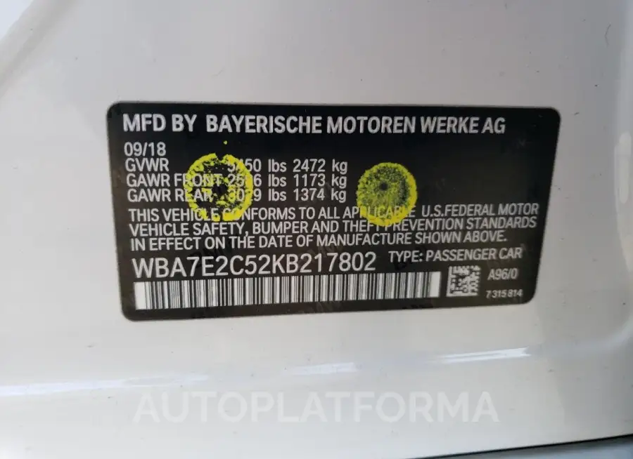 BMW 740 I 2019 vin WBA7E2C52KB217802 from auto auction Copart