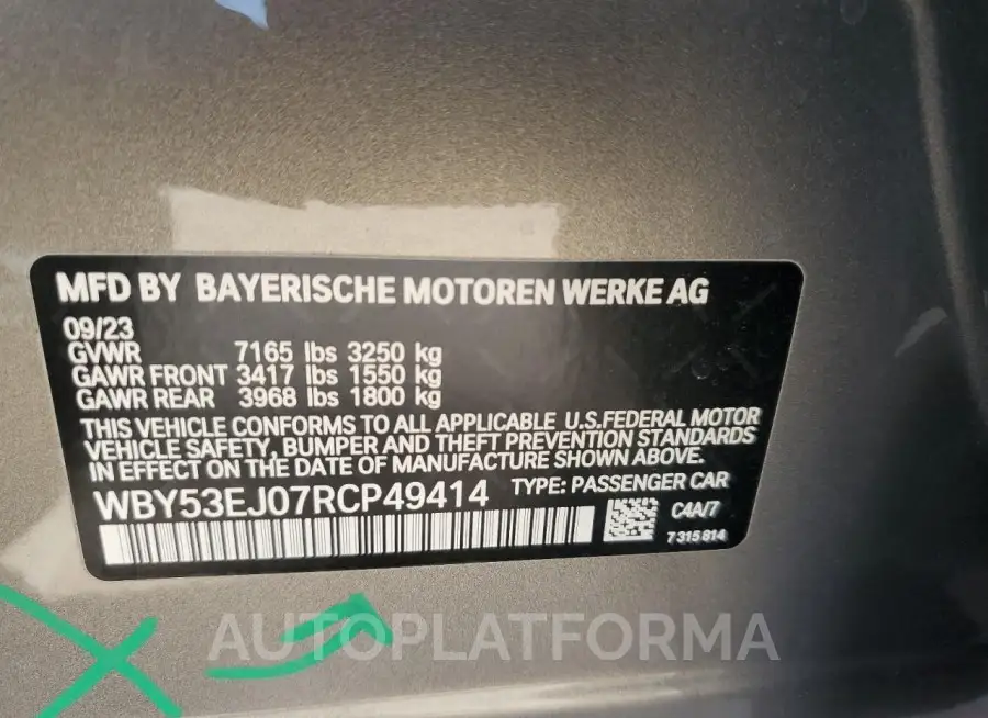 BMW I7 XDRIVE6 2024 vin WBY53EJ07RCP49414 from auto auction Copart