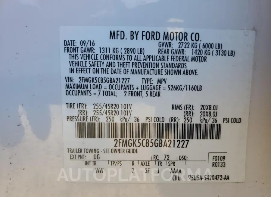 FORD FLEX SEL 2016 vin 2FMGK5C85GBA21227 from auto auction Copart