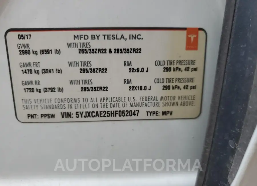 TESLA MODEL X 2017 vin 5YJXCAE25HF052047 from auto auction Copart