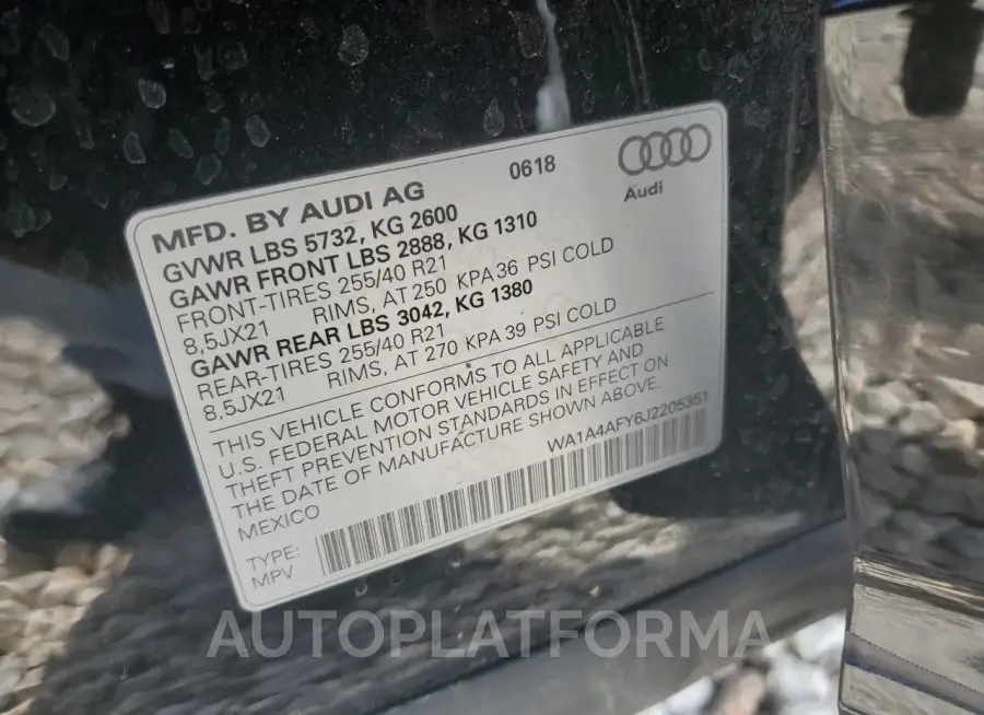 AUDI SQ5 PREMIU 2018 vin WA1A4AFY6J2205351 from auto auction Copart