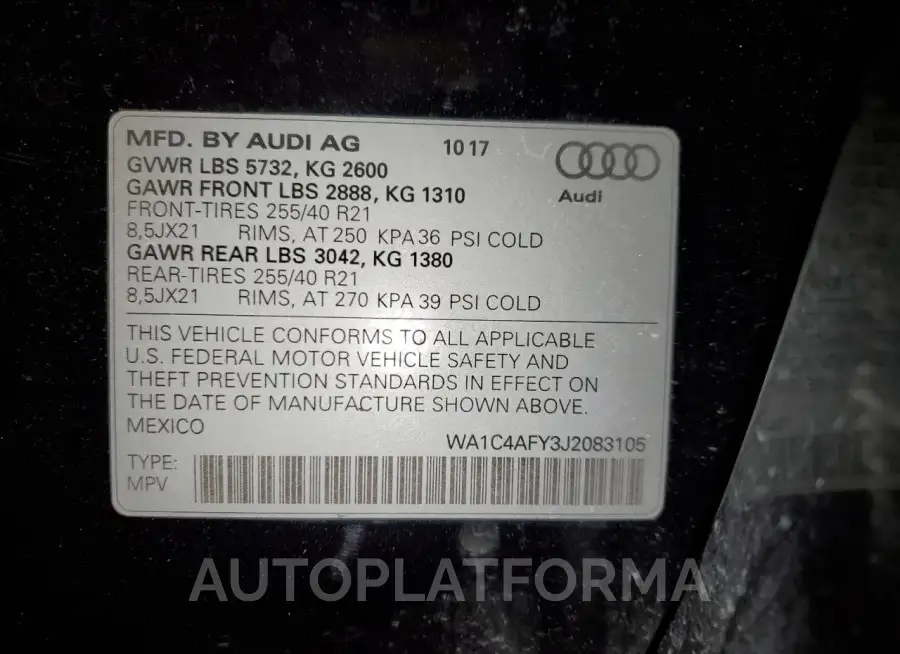 AUDI SQ5 PRESTI 2018 vin WA1C4AFY3J2083105 from auto auction Copart