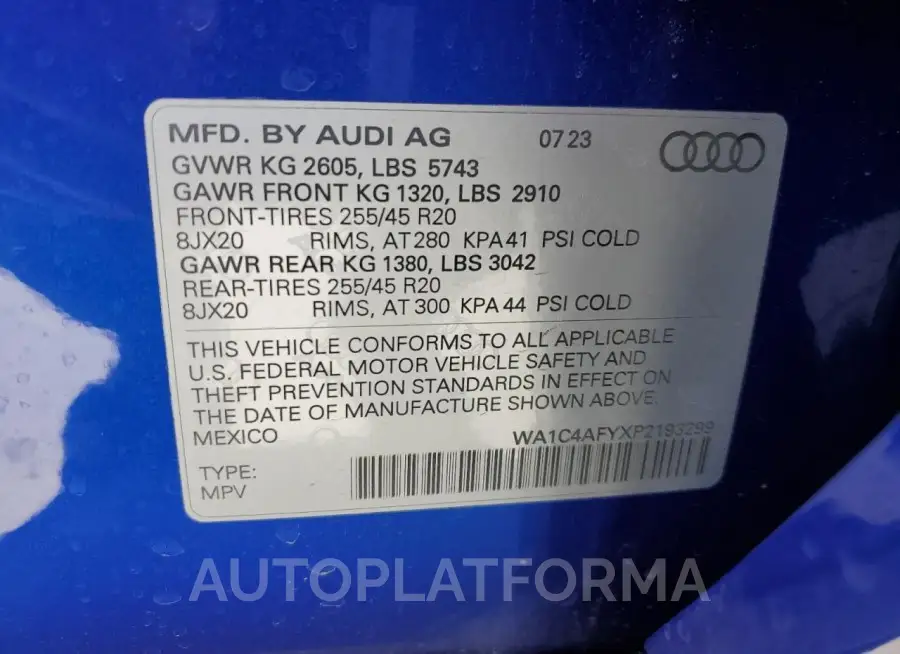 AUDI SQ5 PRESTI 2023 vin WA1C4AFYXP2193299 from auto auction Copart