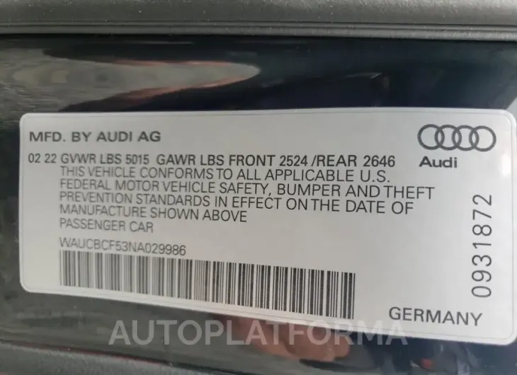 AUDI A5 PREMIUM 2022 vin WAUCBCF53NA029986 from auto auction Copart