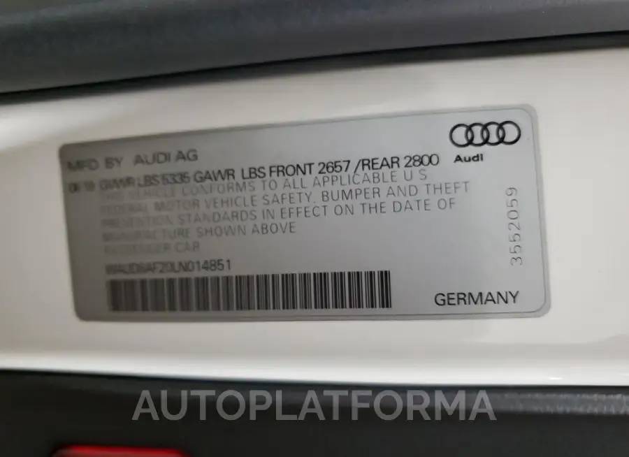 AUDI A6 PREMIUM 2020 vin WAUD8AF20LN014851 from auto auction Copart