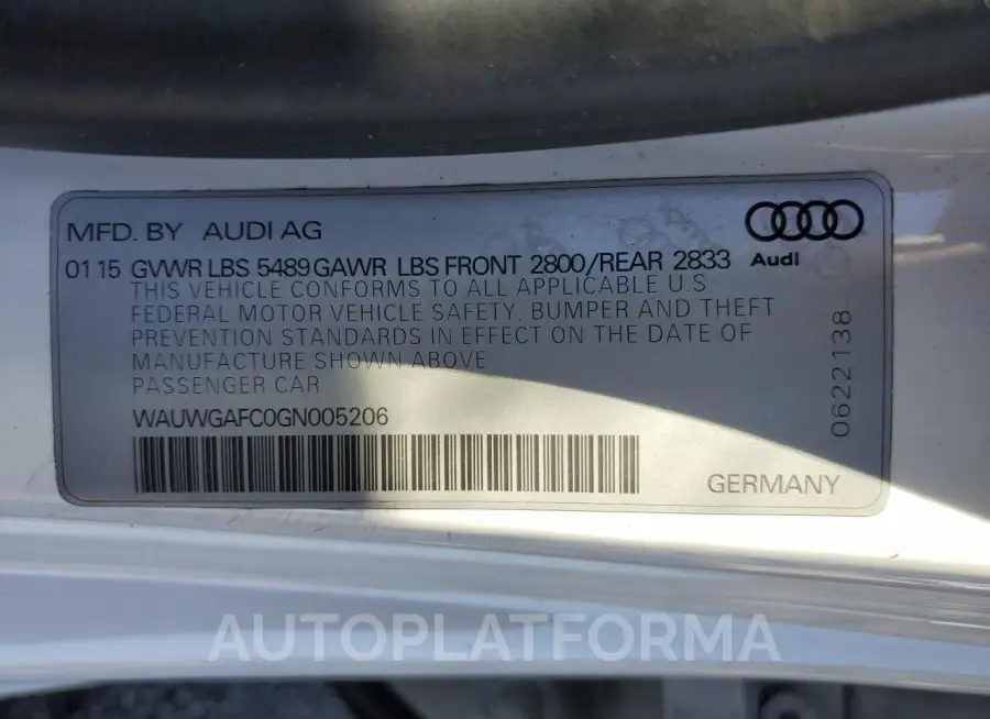 AUDI A7 PREMIUM 2016 vin WAUWGAFC0GN005206 from auto auction Copart