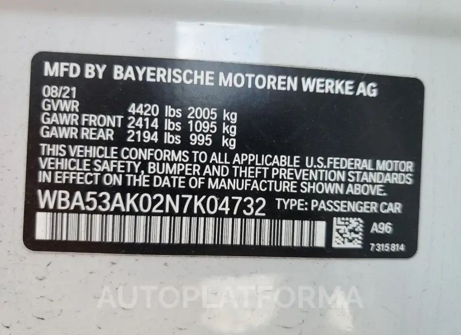 BMW 228I 2022 vin WBA53AK02N7K04732 from auto auction Copart