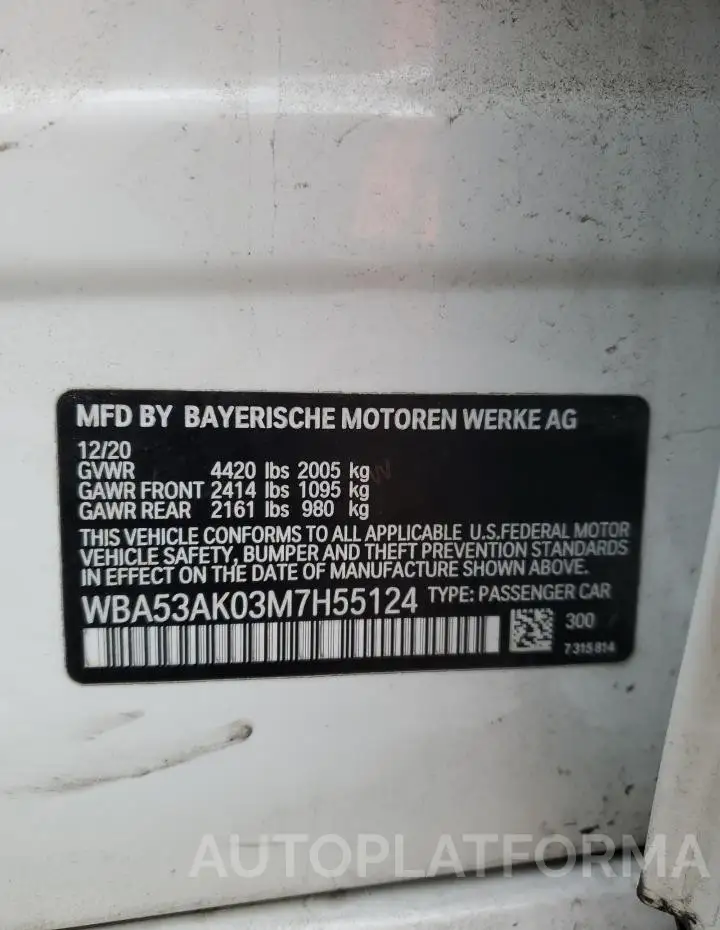 BMW 228I 2021 vin WBA53AK03M7H55124 from auto auction Copart