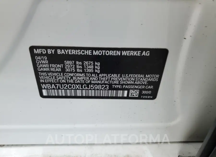 BMW 750 XI 2020 vin WBA7U2C0XLGJ59823 from auto auction Copart