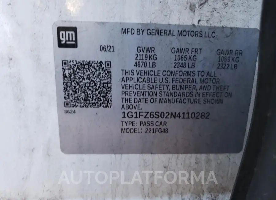 CHEVROLET BOLT EUV P 2022 vin 1G1FZ6S02N4110282 from auto auction Copart