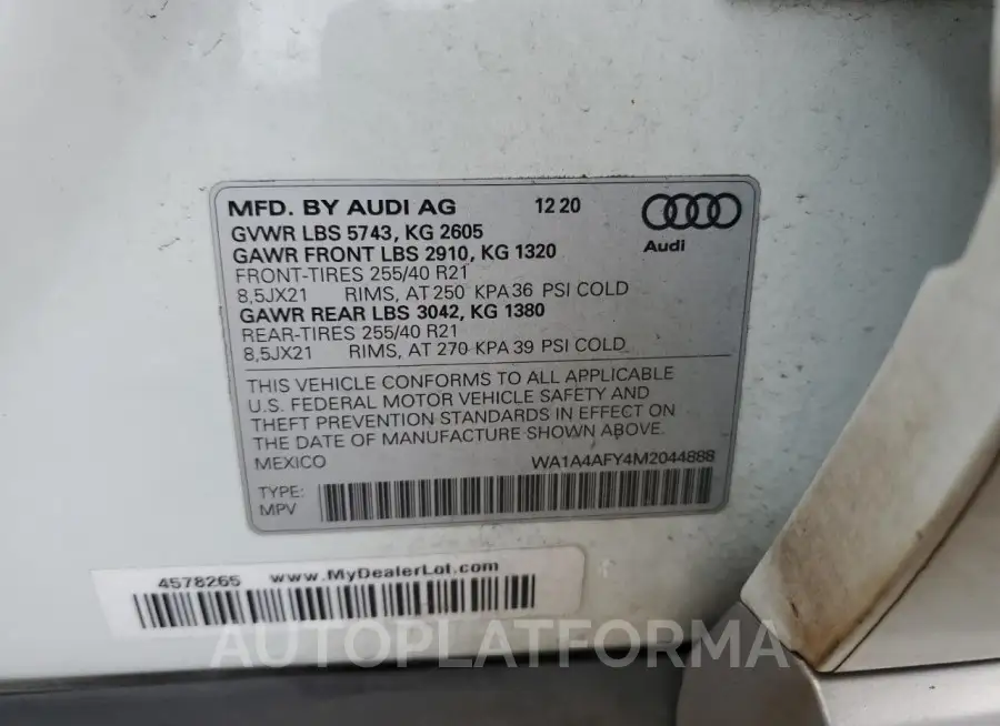 AUDI SQ5 PREMIU 2021 vin WA1A4AFY4M2044888 from auto auction Copart