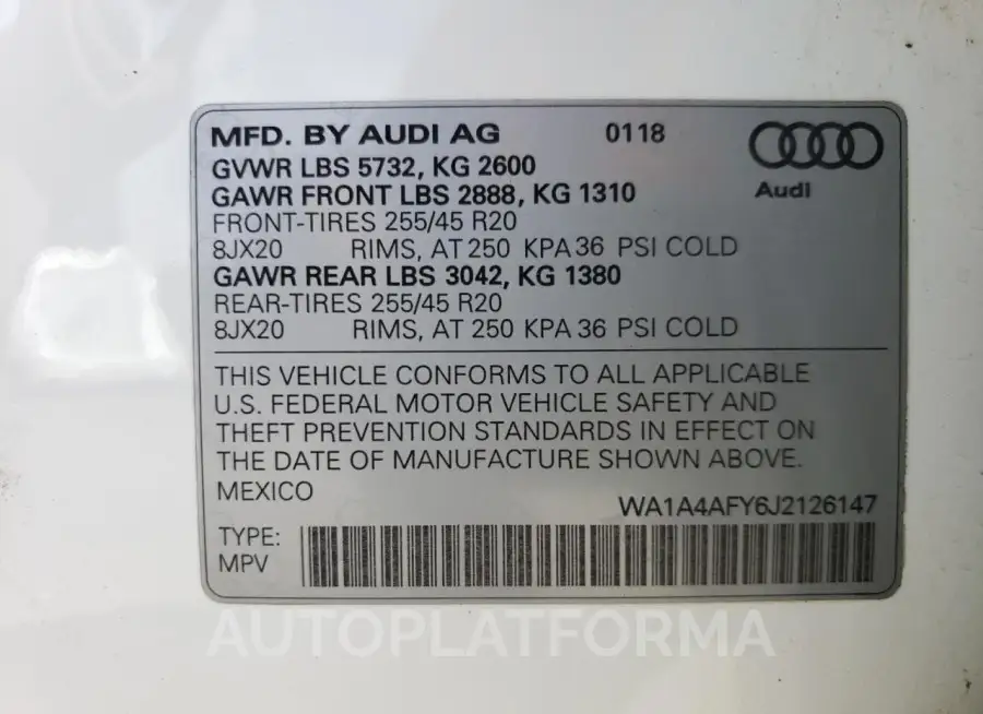 AUDI SQ5 PREMIU 2018 vin WA1A4AFY6J2126147 from auto auction Copart