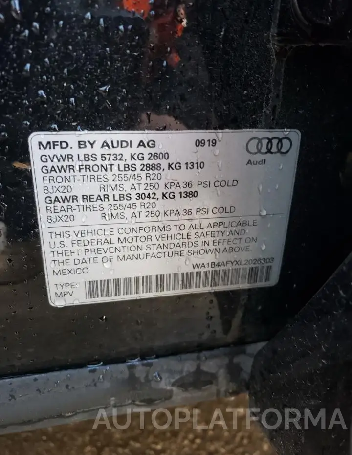 AUDI SQ5 PREMIU 2020 vin WA1B4AFYXL2026303 from auto auction Copart