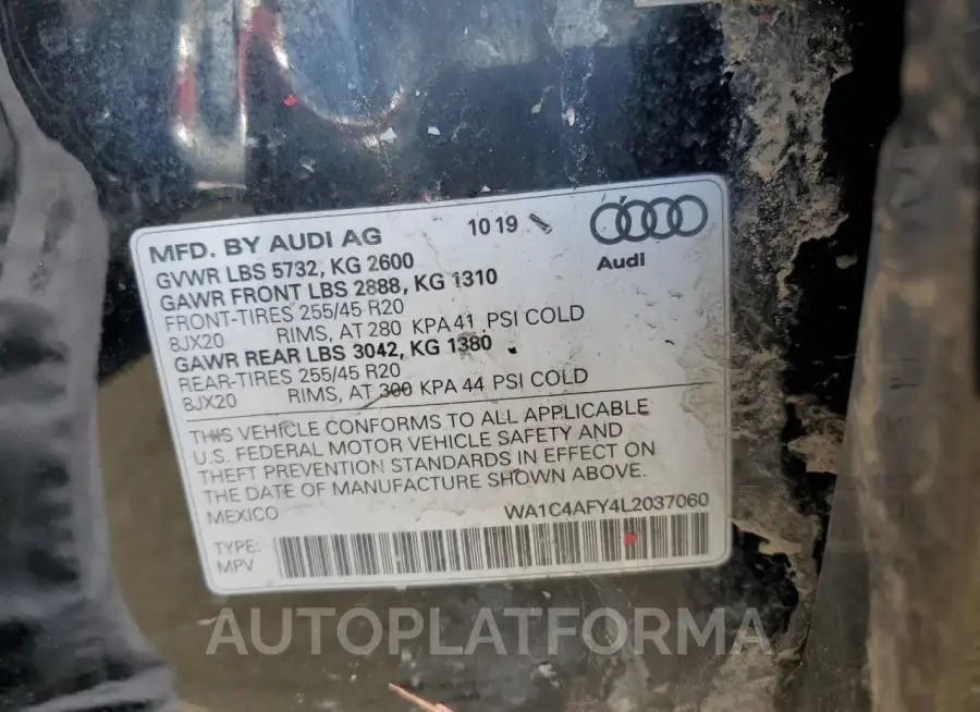 AUDI SQ5 PRESTI 2020 vin WA1C4AFY4L2037060 from auto auction Copart