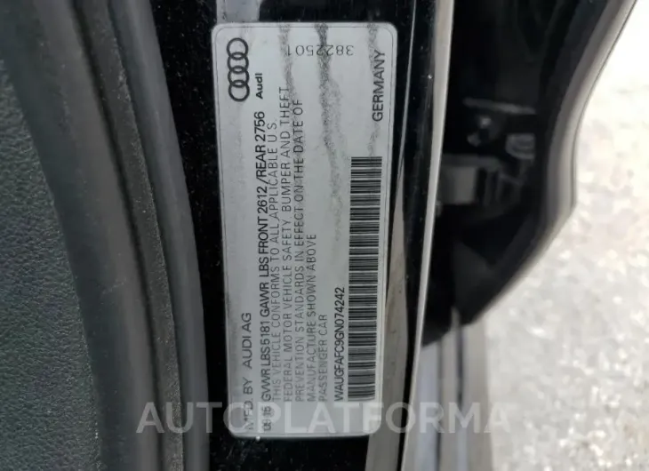 AUDI A6 PREMIUM 2016 vin WAUGFAFC9GN074242 from auto auction Copart