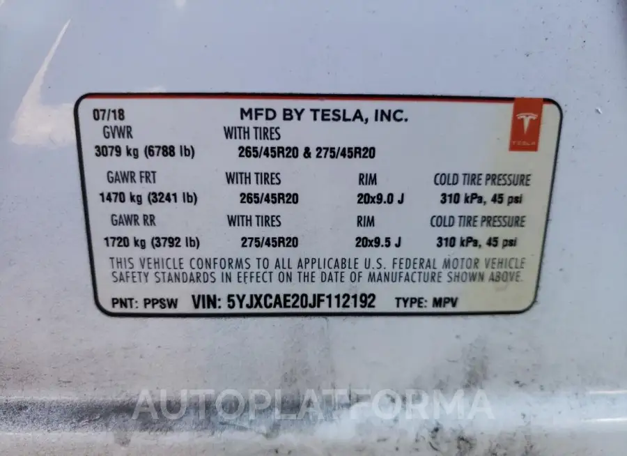 TESLA MODEL X 2018 vin 5YJXCAE20JF112192 from auto auction Copart