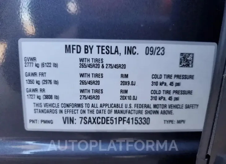 TESLA MODEL X 2023 vin 7SAXCDE51PF415330 from auto auction Copart