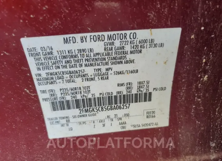 FORD FLEX SEL 2016 vin 2FMGK5C85GBA06257 from auto auction Copart