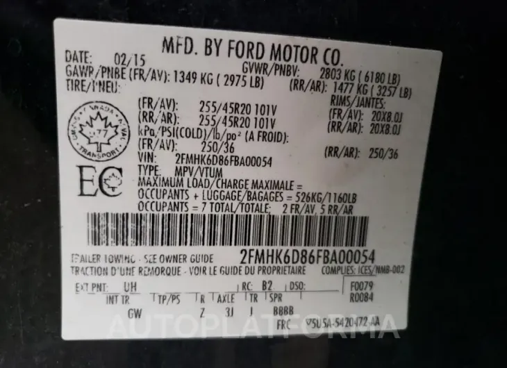 FORD FLEX LIMIT 2015 vin 2FMHK6D86FBA00054 from auto auction Copart