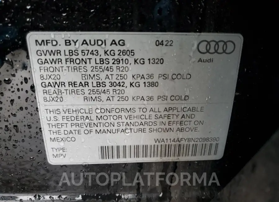 AUDI SQ5 SPORTB 2022 vin WA114AFY8N2098390 from auto auction Copart