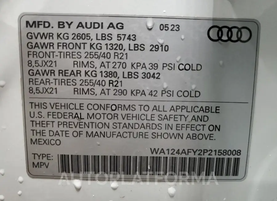 AUDI SQ5 SPORTB 2023 vin WA124AFY2P2158008 from auto auction Copart