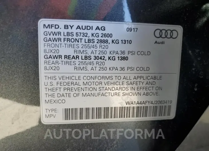 AUDI SQ5 PREMIU 2018 vin WA1A4AFY4J2063419 from auto auction Copart