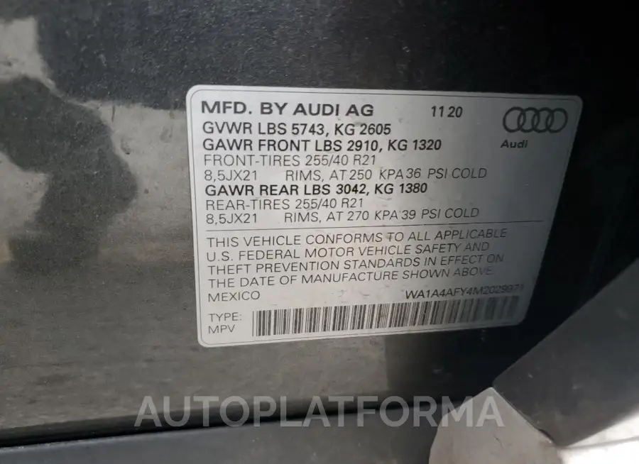 AUDI SQ5 PREMIU 2021 vin WA1A4AFY4M2029971 from auto auction Copart