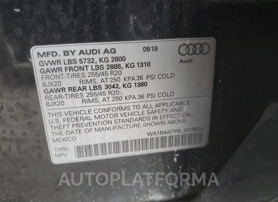 AUDI SQ5 PREMIU 2020 vin WA1B4AFY6L2019929 from auto auction Copart