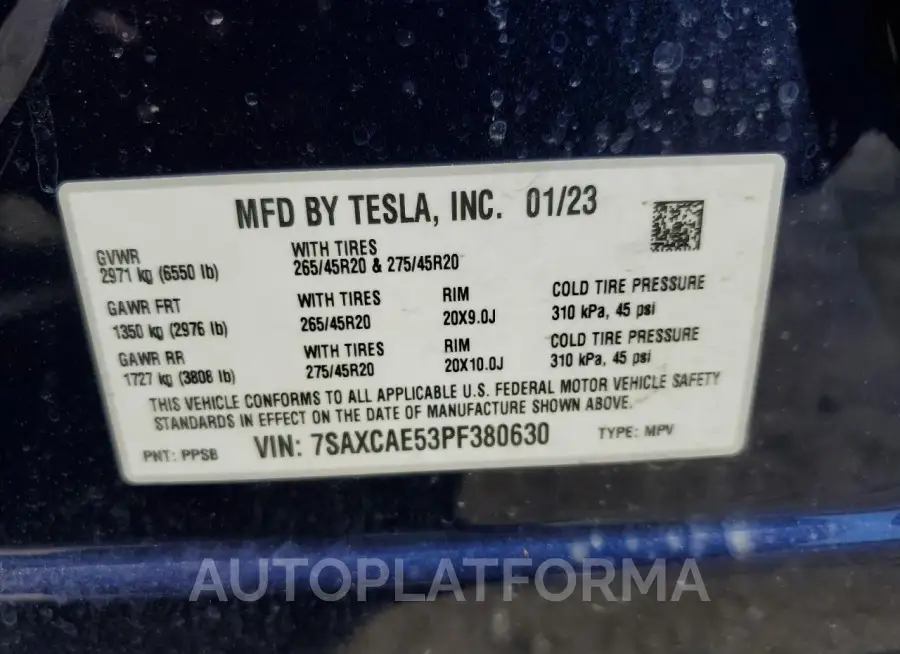 TESLA MODEL X 2023 vin 7SAXCAE53PF380630 from auto auction Copart