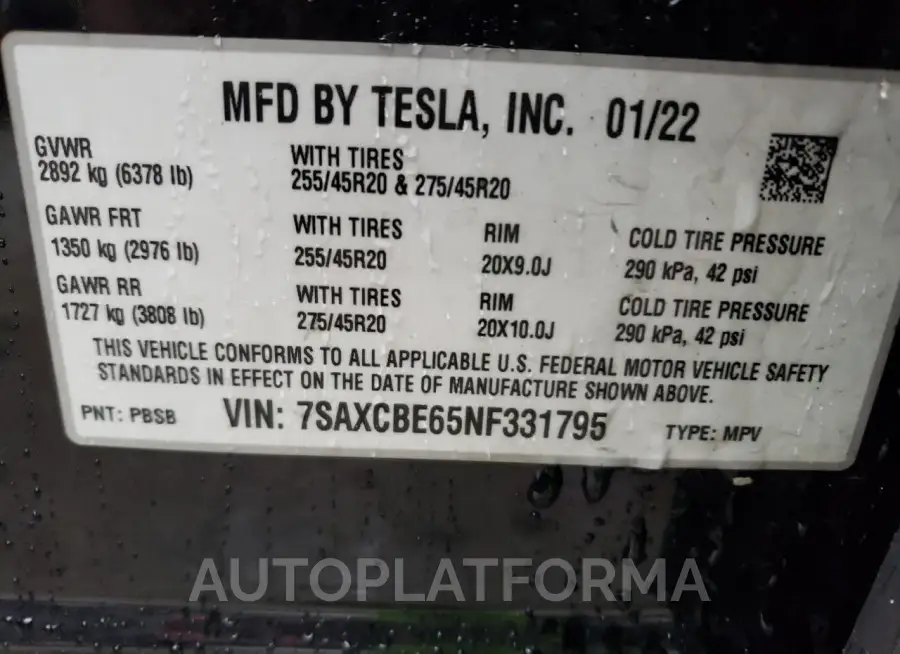 TESLA MODEL X 2022 vin 7SAXCBE65NF331795 from auto auction Copart