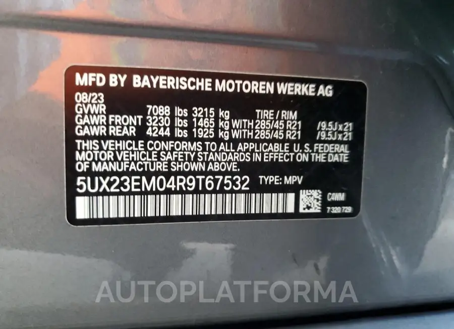 BMW X7 XDRIVE4 2024 vin 5UX23EM04R9T67532 from auto auction Copart