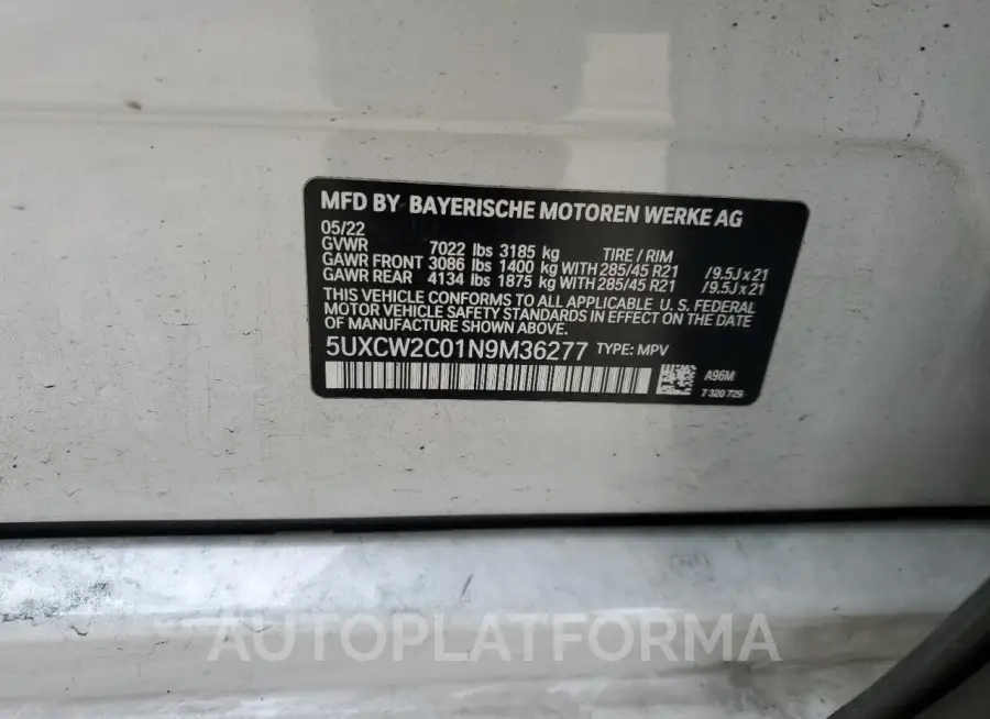 BMW X7 XDRIVE4 2022 vin 5UXCW2C01N9M36277 from auto auction Copart