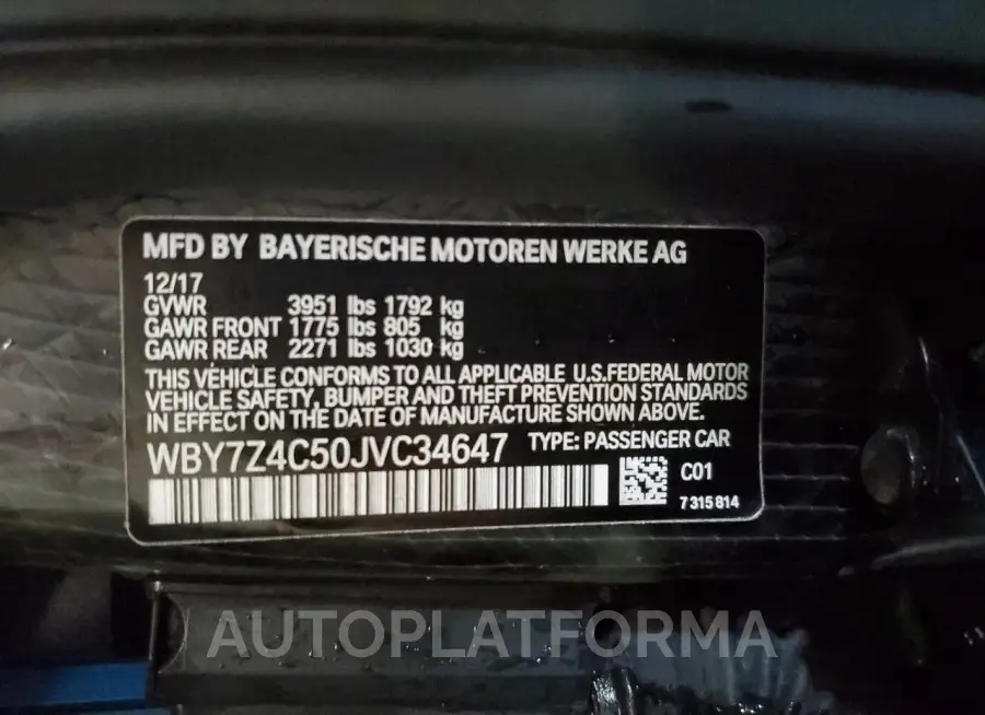 BMW I3 REX 2018 vin WBY7Z4C50JVC34647 from auto auction Copart