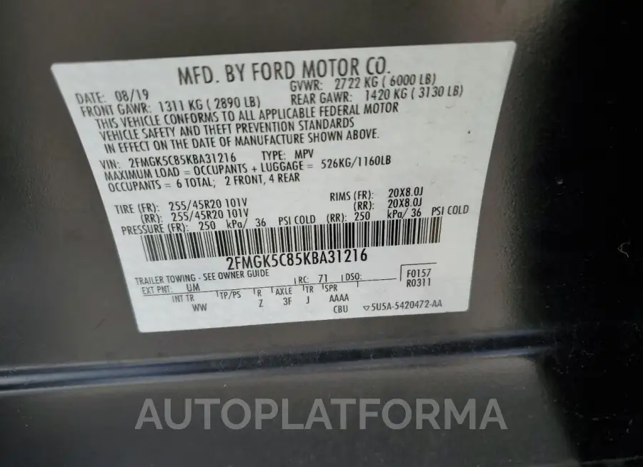 FORD FLEX SEL 2019 vin 2FMGK5C85KBA31216 from auto auction Copart