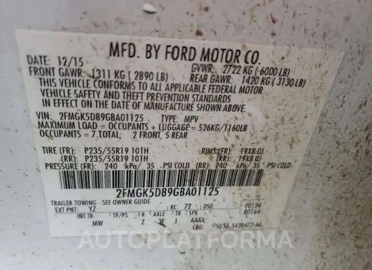 FORD FLEX LIMIT 2016 vin 2FMGK5D89GBA01125 from auto auction Copart