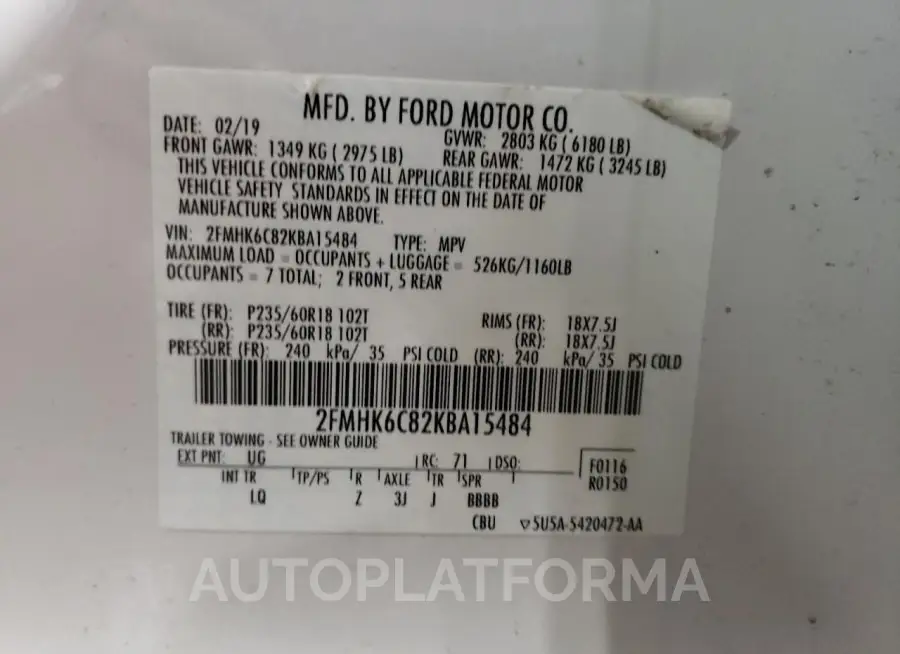 FORD FLEX SEL 2019 vin 2FMHK6C82KBA15484 from auto auction Copart