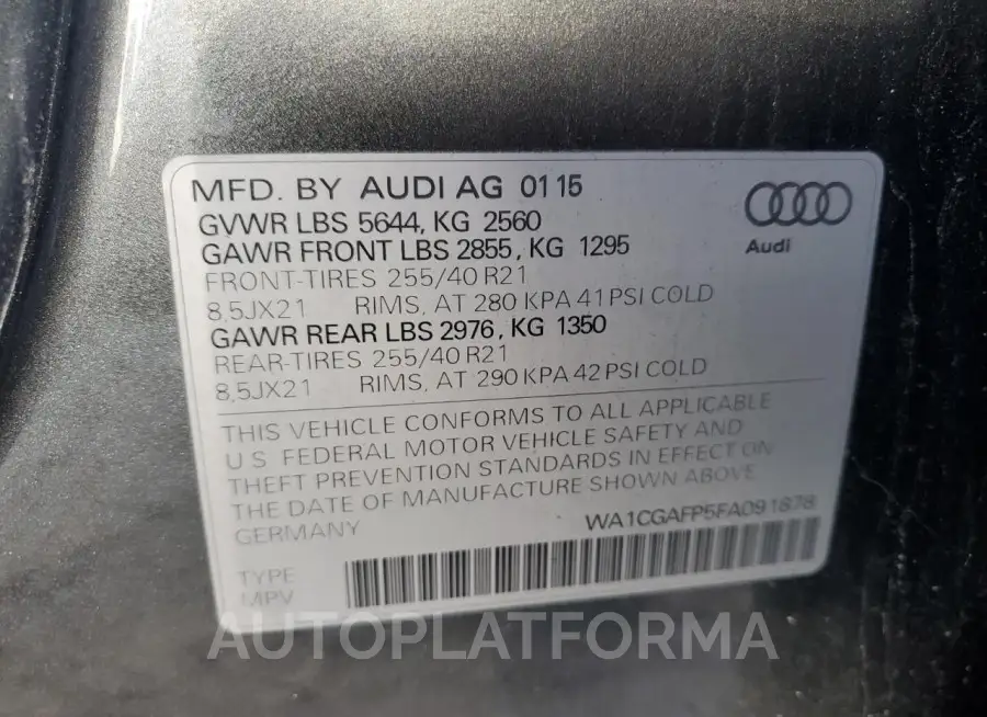 AUDI SQ5 PREMIU 2015 vin WA1CGAFP5FA091878 from auto auction Copart