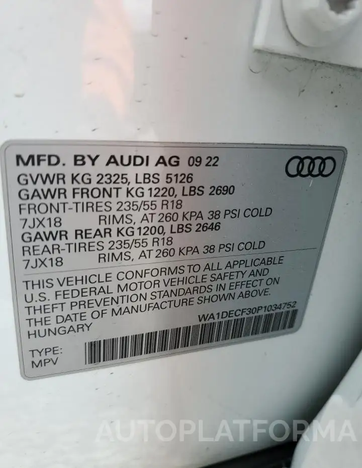 AUDI Q3 PREMIUM 2023 vin WA1DECF30P1034752 from auto auction Copart