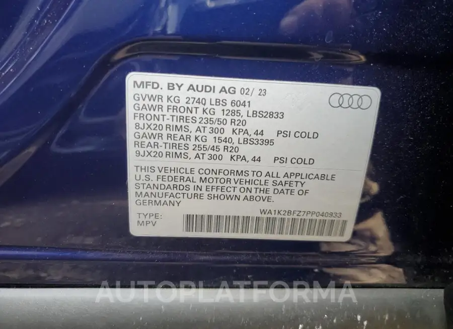 AUDI Q4 E-TRON 2023 vin WA1K2BFZ7PP040933 from auto auction Copart