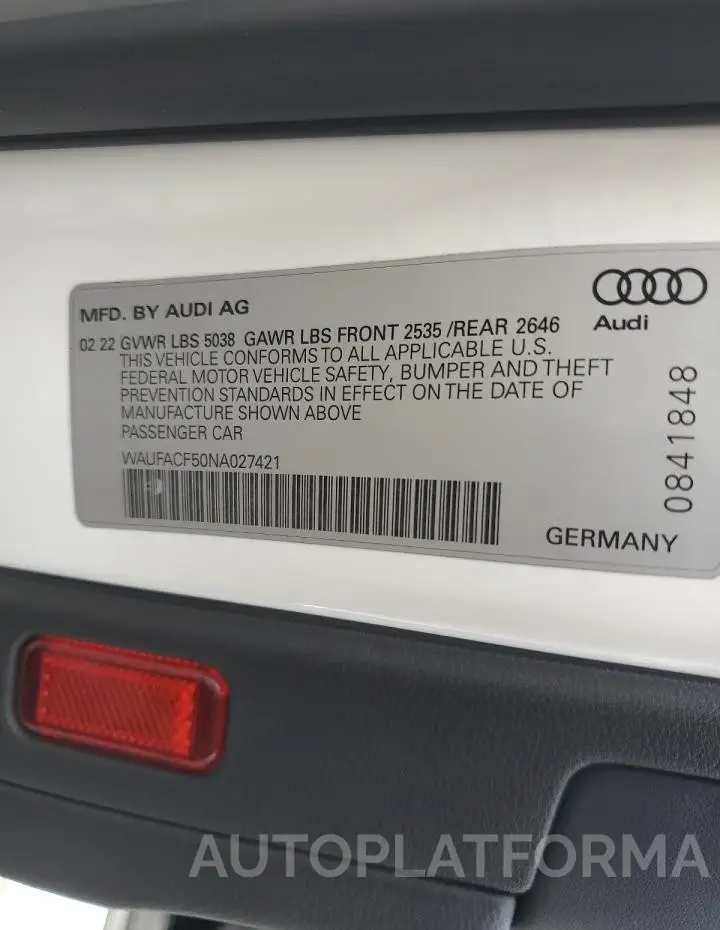 AUDI A5 PREMIUM 2022 vin WAUFACF50NA027421 from auto auction Copart