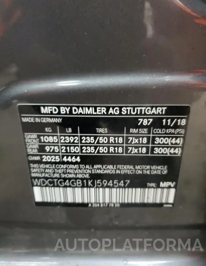 MERCEDES-BENZ GLA 250 4M 2019 vin WDCTG4GB1KJ594547 from auto auction Copart