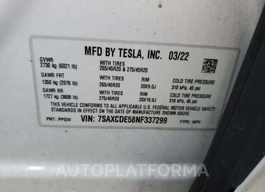 TESLA MODEL X 2022 vin 7SAXCDE58NF337299 from auto auction Copart