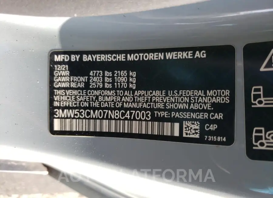 BMW M240XI 2022 vin 3MW53CM07N8C47003 from auto auction Copart