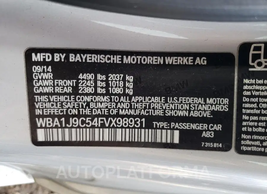 BMW M235XI 2015 vin WBA1J9C54FVX98931 from auto auction Copart