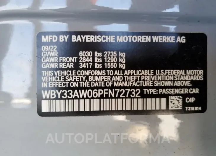 BMW I4 M50 2023 vin WBY33AW06PFN72732 from auto auction Copart