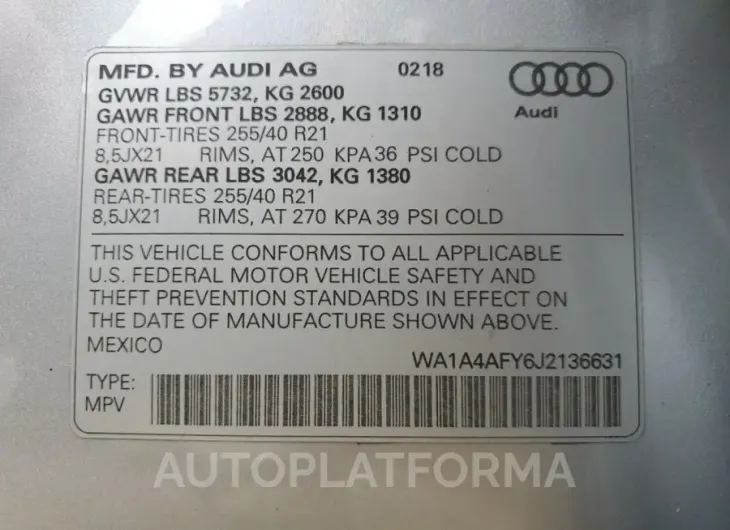 AUDI SQ5 PREMIU 2018 vin WA1A4AFY6J2136631 from auto auction Copart