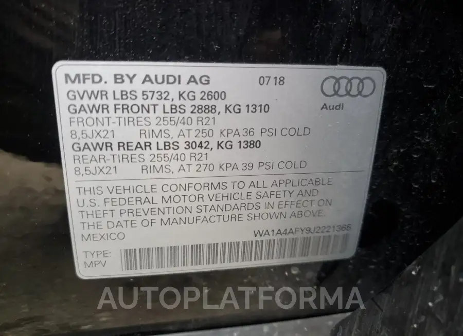 AUDI SQ5 PREMIU 2018 vin WA1A4AFY9J2221365 from auto auction Copart