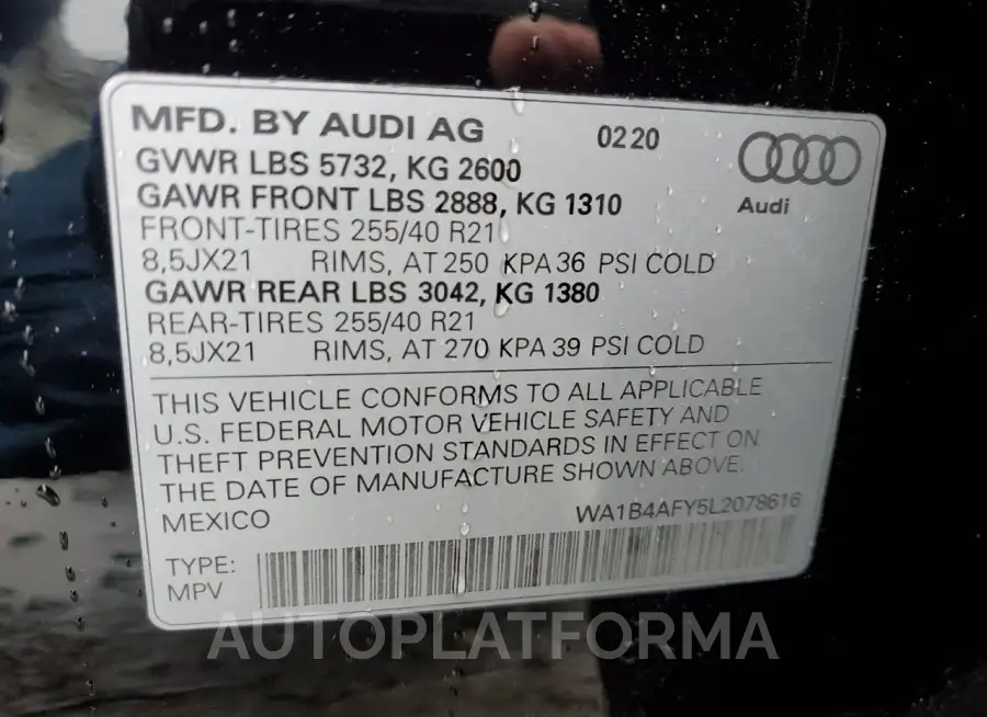 AUDI SQ5 PREMIU 2020 vin WA1B4AFY5L2078616 from auto auction Copart