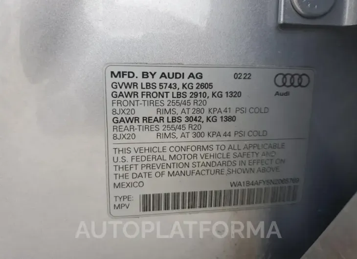 AUDI SQ5 PREMIU 2022 vin WA1B4AFY5N2065769 from auto auction Copart