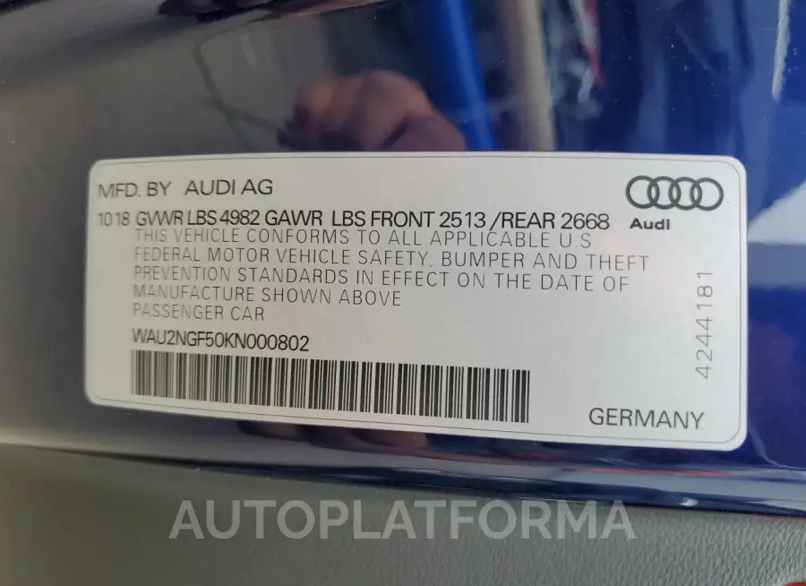 AUDI A5 PRESTIG 2019 vin WAU2NGF50KN000802 from auto auction Copart